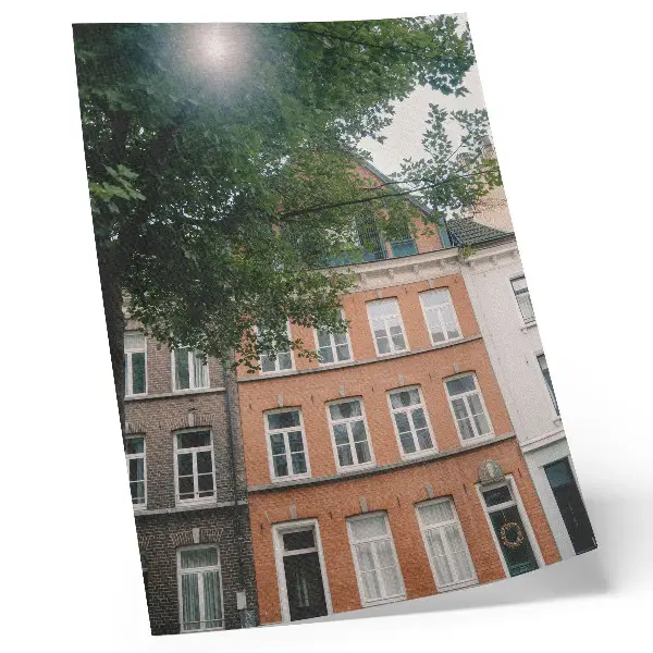 Póster de fachadas coloridas con árboles verdes y sol en el cielo en colores saturados