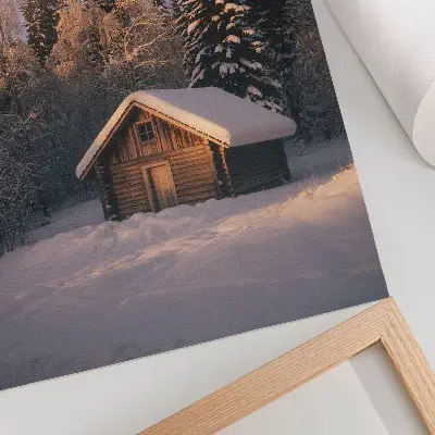 Lienzo decorativo moderno cabaña de madera en el bosque invernal con paisaje de paz, armonía y naturaleza