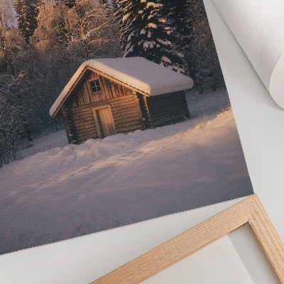Lienzo decorativo moderno Cabaña de madera en el bosque invernal, paz, armonía y naturaleza.