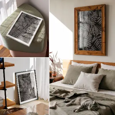 Póster de helecho sensual en blanco y negro con colores saturados y diseño elegante de simetría