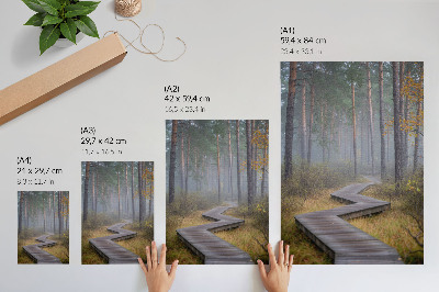Póster con colores saturados Sendero de madera entre árboles en la niebla
