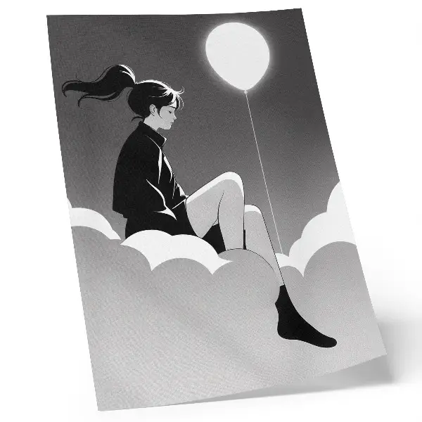 Póster figura sobre una nube con un globo en estilo minimalista