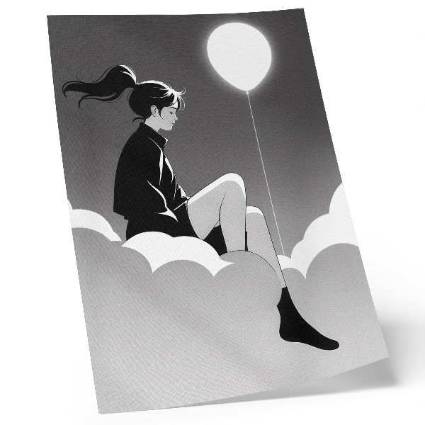 Póster Una figura sobre una nube con un globo en estilo minimalista.