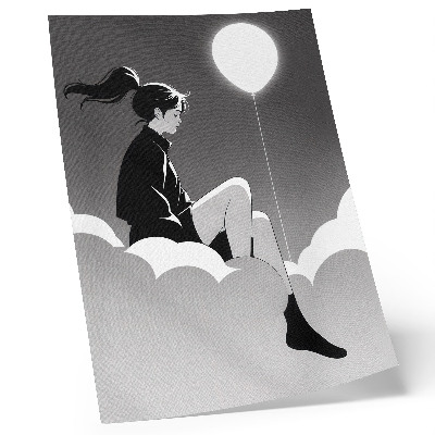 Póster Una figura sobre una nube con un globo en estilo minimalista.