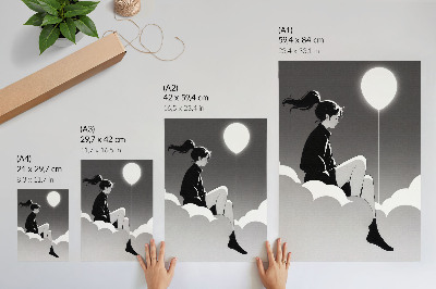 Póster Una figura sobre una nube con un globo en estilo minimalista.