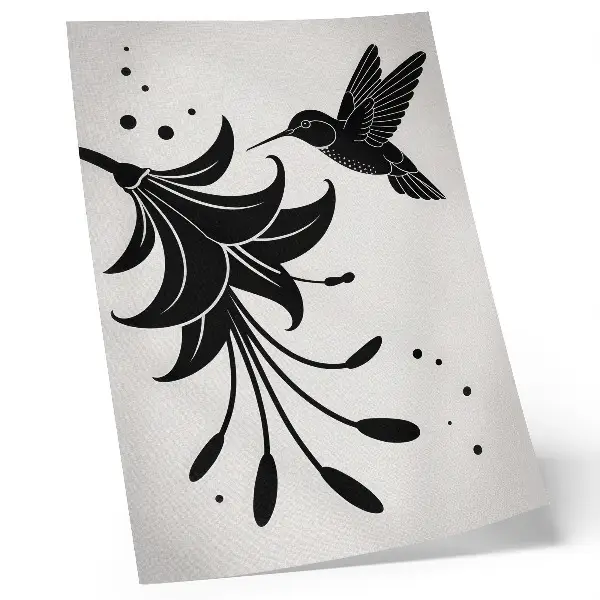 Lámina artística de colibrí y flor diseño en contraste sobre fondo blanco de alta calidad