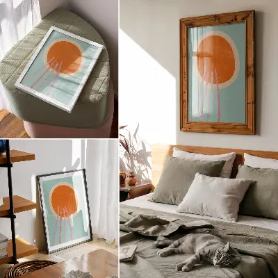 Póster de formas abstractas círculo naranja sobre fondo turquesa con líneas rosas