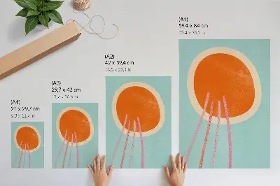 Póster de formas abstractas círculo naranja sobre fondo turquesa con líneas rosas