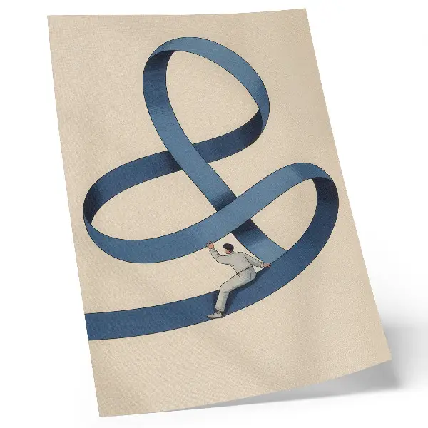 Póster cinta azul sobre fondo beige con figura dinámica