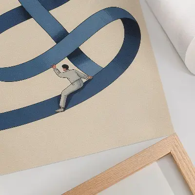 Póster cinta azul sobre fondo beige con figura dinámica