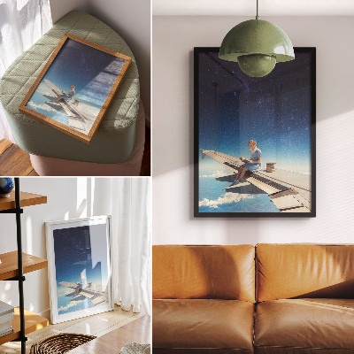 Lienzo decorativo moderno Libros del universo de la chica en el ala de un avión
