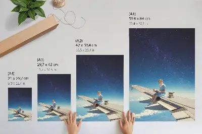 Lienzo decorativo moderno con motivo de libros del universo de la chica en el ala de un avión