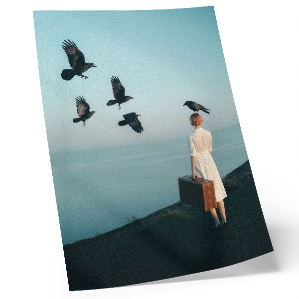 Lámina artística de alta calidad Mujer con maleta, pájaros, cielo, surrealismo