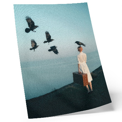 Lámina artística de alta calidad Mujer con maleta, pájaros, cielo, surrealismo