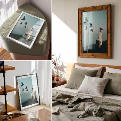 Lámina artística de alta calidad mujer con maleta bajo un cielo habitado por pájaros en estilo surrealista