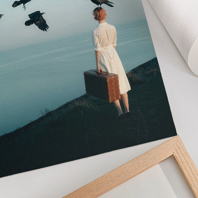 Lámina artística de alta calidad Mujer con maleta, pájaros, cielo, surrealismo