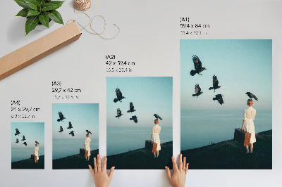 Lámina artística de alta calidad Mujer con maleta, pájaros, cielo, surrealismo
