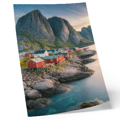 Lienzo decorativo moderno Cabañas encantadoras, un mar tranquilo y montañas majestuosas.