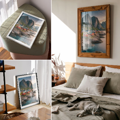 Lienzo decorativo moderno Cabañas encantadoras, un mar tranquilo y montañas majestuosas.