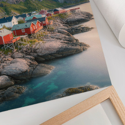 Lienzo decorativo moderno Cabañas encantadoras, un mar tranquilo y montañas majestuosas.