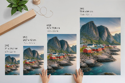 Lienzo decorativo moderno Cabañas encantadoras, un mar tranquilo y montañas majestuosas.