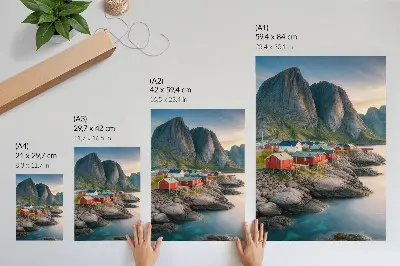 Lienzo decorativo moderno con diseño de cabañas encantadoras, un mar tranquilo y montañas majestuosas