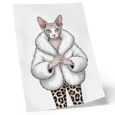 Póster de gato con abrigo de piel y pantalones de estampado de leopardo