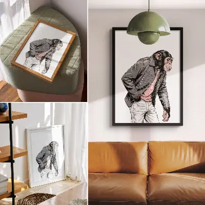 Lámina artística de alta calidad de chimpancé elegante con chaqueta gráfica de contraste