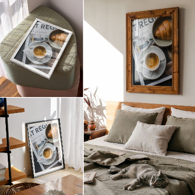 Lienzo decorativo moderno Café croissant sobre fondo blanco y negro, elegancia y relajación