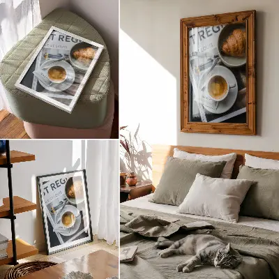 Lienzo decorativo moderno con diseño de café y croissant sobre fondo blanco y negro