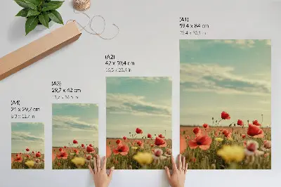 Póster de campo de amapolas con colores saturados bajo un cielo azul en tonos pastel