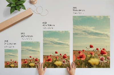 Póster con colores saturados Un campo de amapolas bajo un cielo azul, elegancia en tonos pastel.