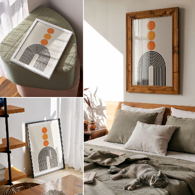 Lienzo decorativo moderno Tres círculos naranjas con líneas negras en forma de abanico.