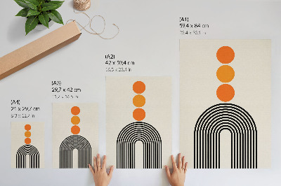 Lienzo decorativo moderno Tres círculos naranjas con líneas negras en forma de abanico.