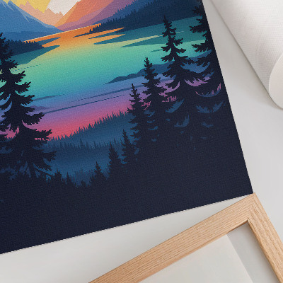 Lámina artística de alta calidad Montañas coloridas con puesta de sol y lago