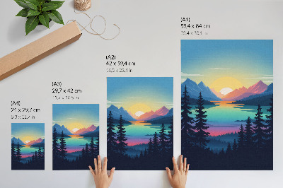 Lámina artística de alta calidad Montañas coloridas con puesta de sol y lago