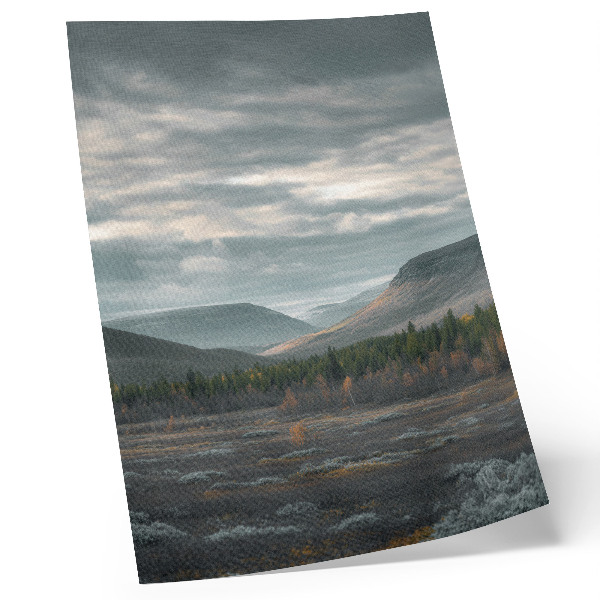 Póster con colores saturados Montañas nubladas, árboles verdes, valle tranquilo