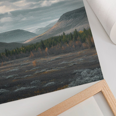 Póster con colores saturados Montañas nubladas, árboles verdes, valle tranquilo