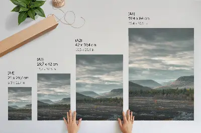 Póster de montañas nubladas con árboles verdes y valle tranquilo en colores saturados