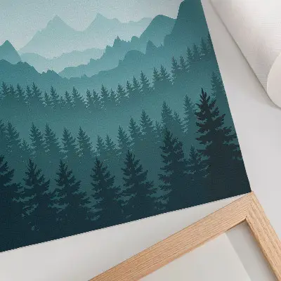 Lienzo decorativo moderno con diseño de montañas azules y árboles verdes en un entorno natural