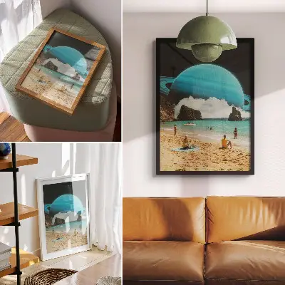 Póster de playa con el planeta sobre el agua en un día soleado de colores saturados