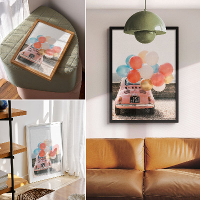 Póster Coche rosa con globos en el fondo retro.