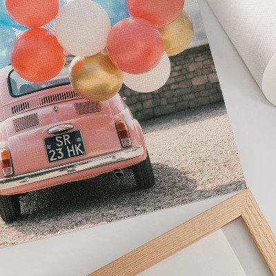 Póster Coche rosa con globos en el fondo retro.