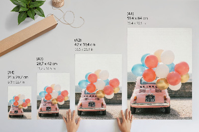 Póster Coche rosa con globos en el fondo retro.