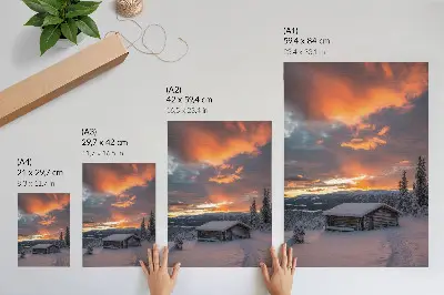 Lámina artística de alta calidad refugio de invierno con cielo naranja y naturaleza