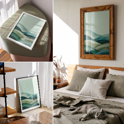 Lienzo decorativo moderno Colinas verdes, atmósfera turquesa, estilo acuarela.