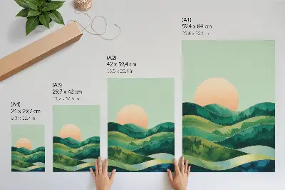 Póster colinas en tonos pastel con diseño de acuarela y sol