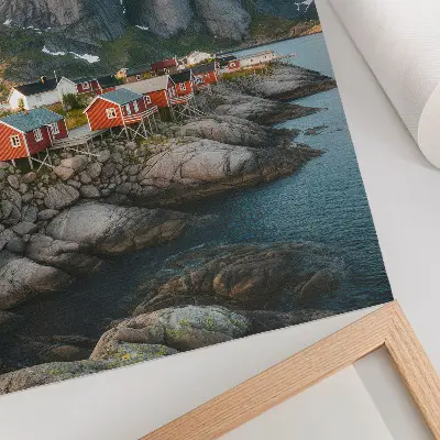 Lámina artística de alta calidad casas rojas con fiordo, montañas y puesta de sol