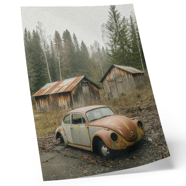 Póster con colores saturados Coche oxidado, cobertizo de madera, bosque verde