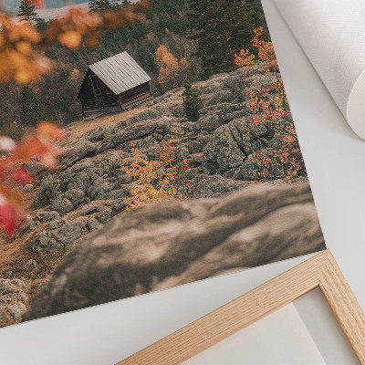 Lienzo decorativo moderno Una casa sobre una roca entre árboles, otoño, naturaleza apacible
